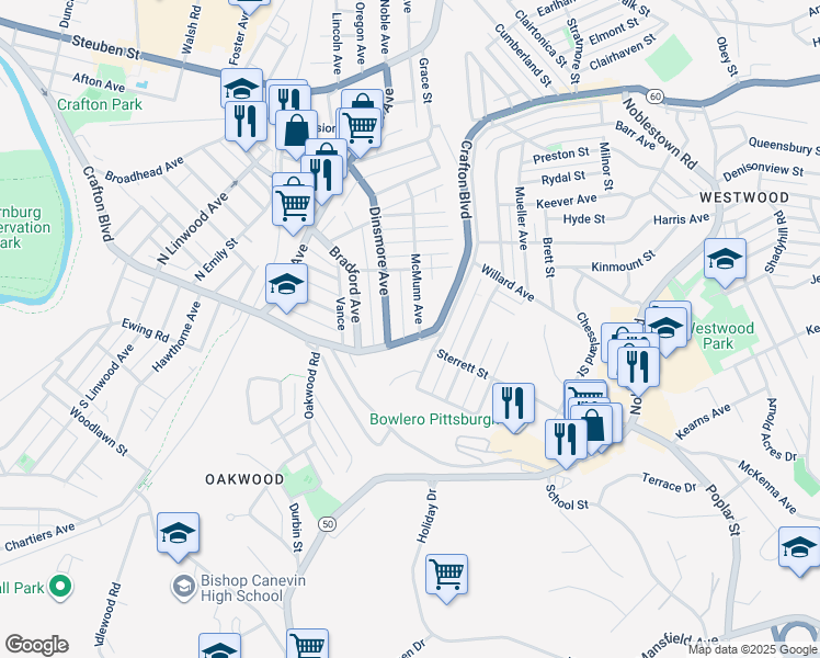 map of restaurants, bars, coffee shops, grocery stores, and more near 25 McMunn Avenue in Pittsburgh