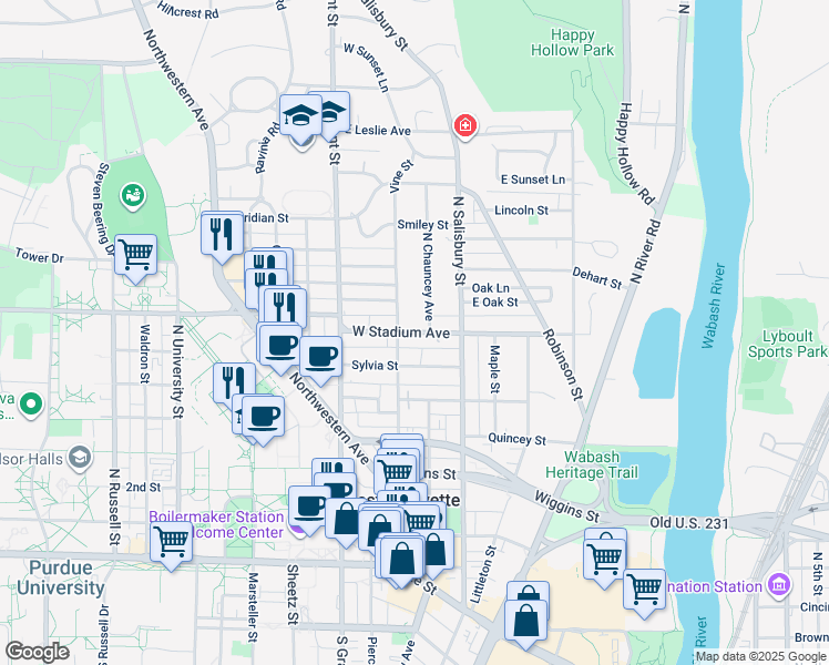 map of restaurants, bars, coffee shops, grocery stores, and more near 200 West Stadium Avenue in West Lafayette