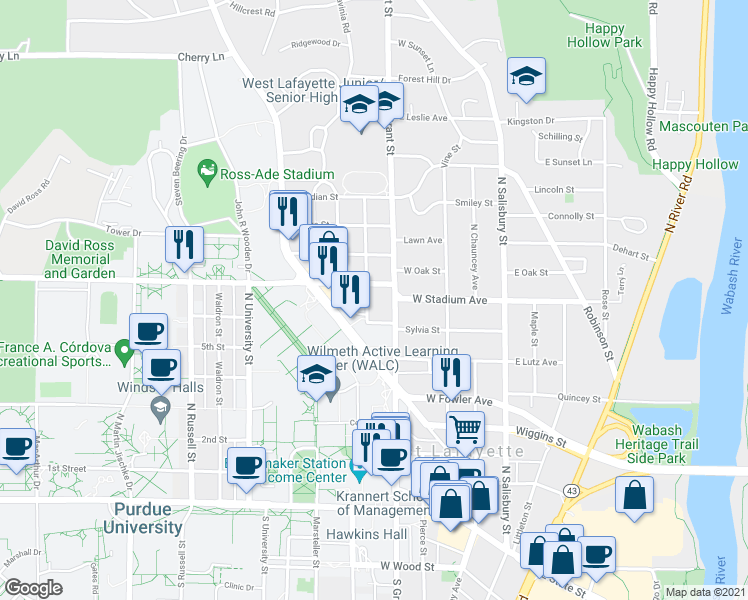map of restaurants, bars, coffee shops, grocery stores, and more near 534 Hayes Street in West Lafayette
