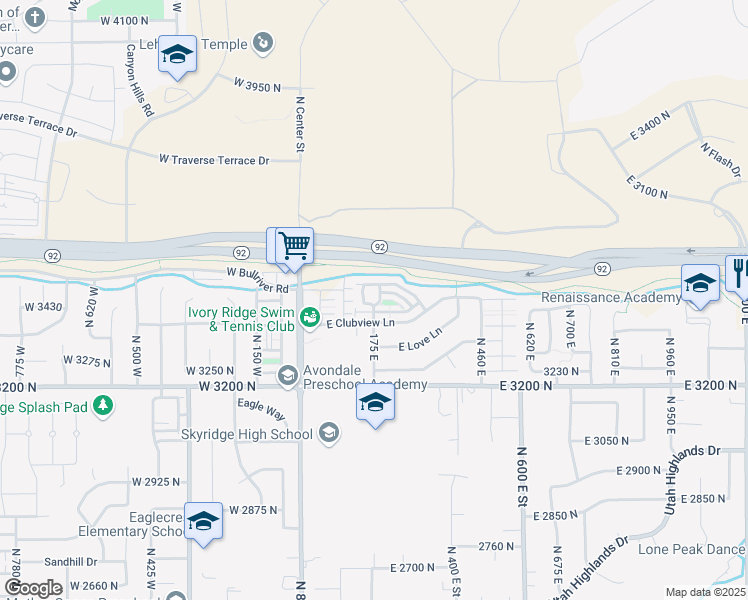 map of restaurants, bars, coffee shops, grocery stores, and more near 173 North Forehand Lane in Lehi