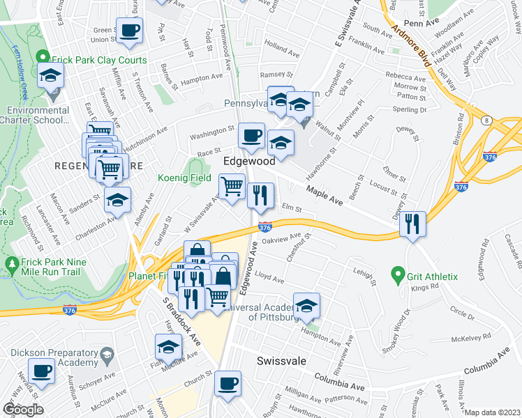 map of restaurants, bars, coffee shops, grocery stores, and more near 237 Edgewood Avenue in Pittsburgh