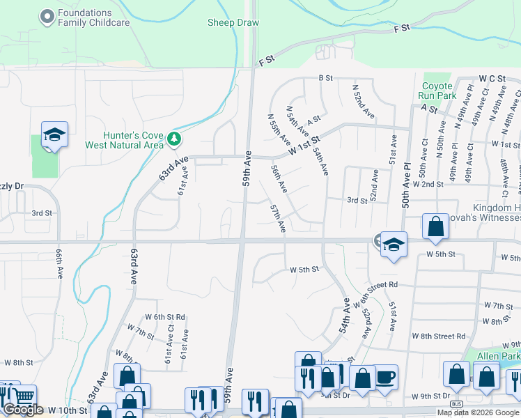 map of restaurants, bars, coffee shops, grocery stores, and more near 210 57th Avenue in Greeley
