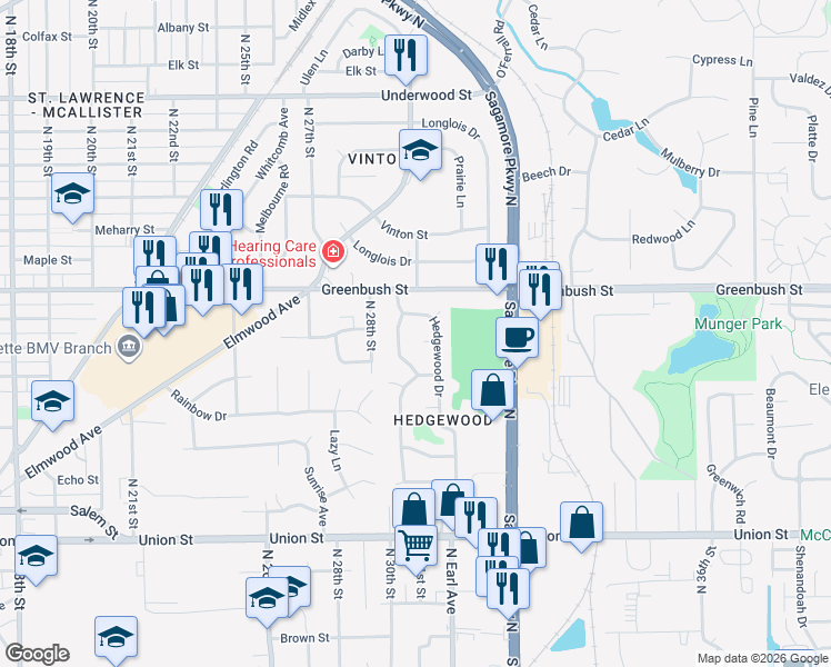 map of restaurants, bars, coffee shops, grocery stores, and more near 18 Longview Terrace in Lafayette