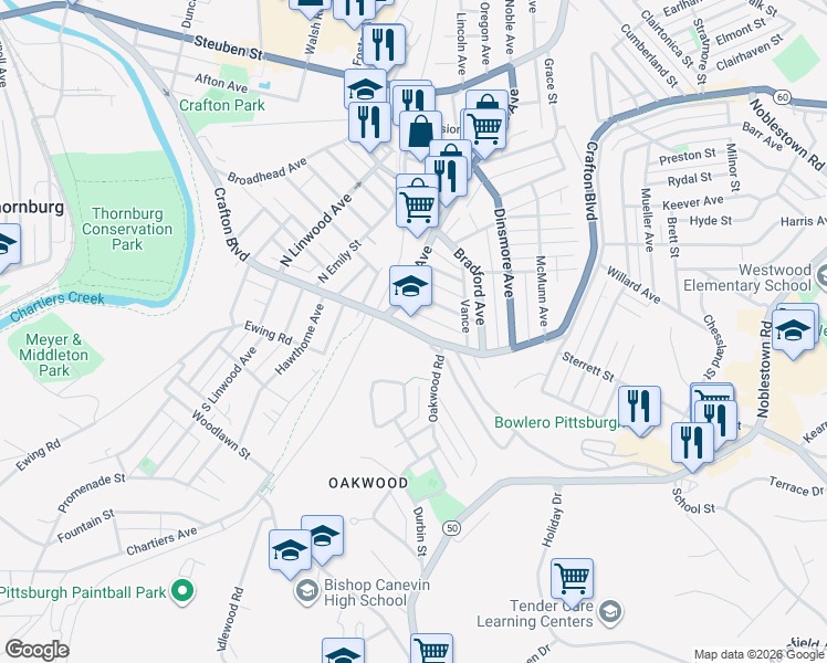 map of restaurants, bars, coffee shops, grocery stores, and more near 1874 Crafton Boulevard in Pittsburgh