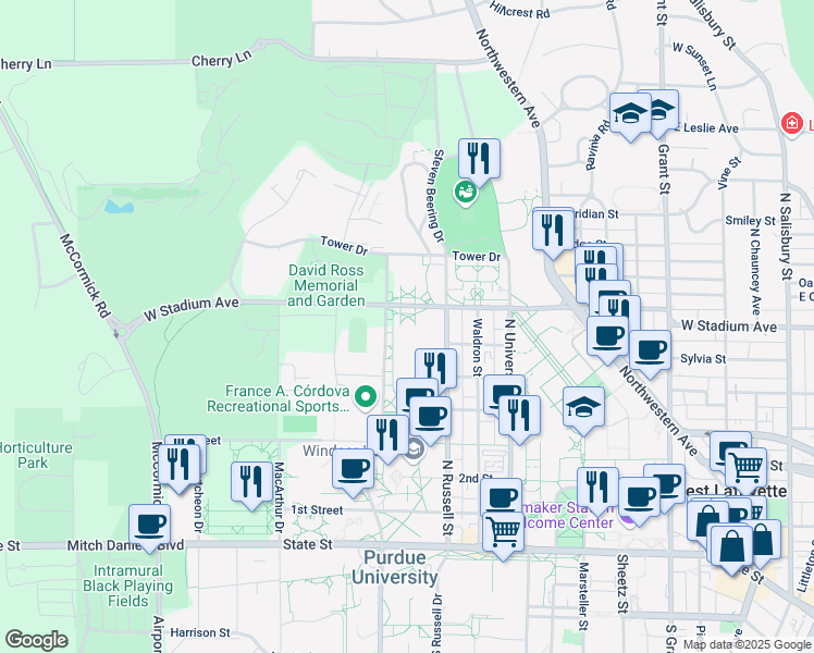 map of restaurants, bars, coffee shops, grocery stores, and more near 1165 West Stadium Avenue in West Lafayette