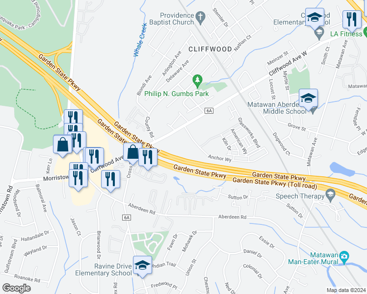 map of restaurants, bars, coffee shops, grocery stores, and more near 77 Cliffwood Avenue West in Monmouth County