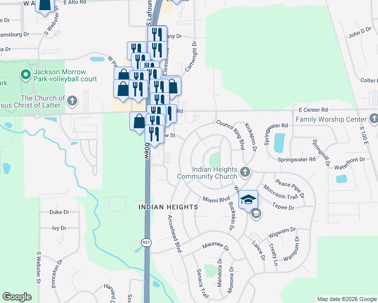 map of restaurants, bars, coffee shops, grocery stores, and more near 5103 Algonquin Trail in Kokomo