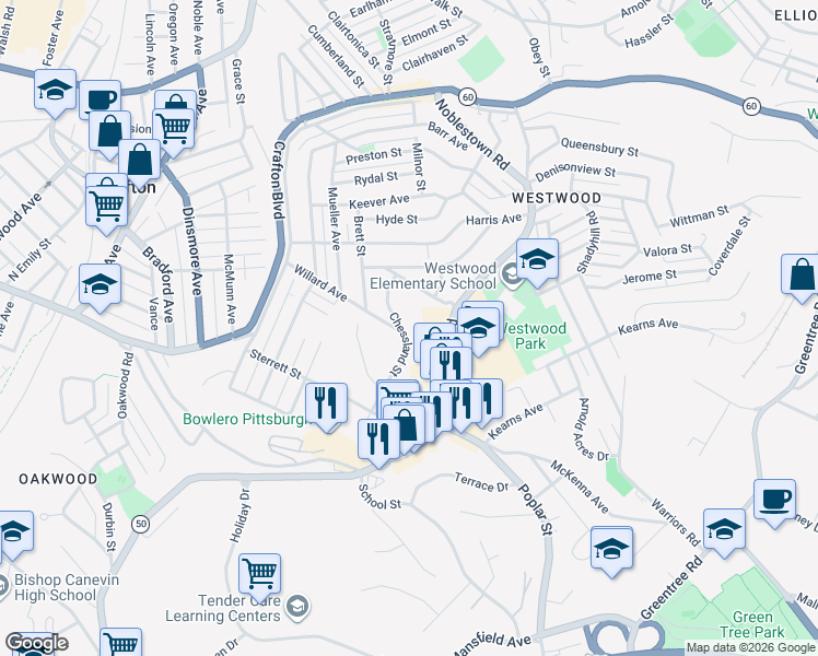 map of restaurants, bars, coffee shops, grocery stores, and more near 1793 Chessland Street in Pittsburgh