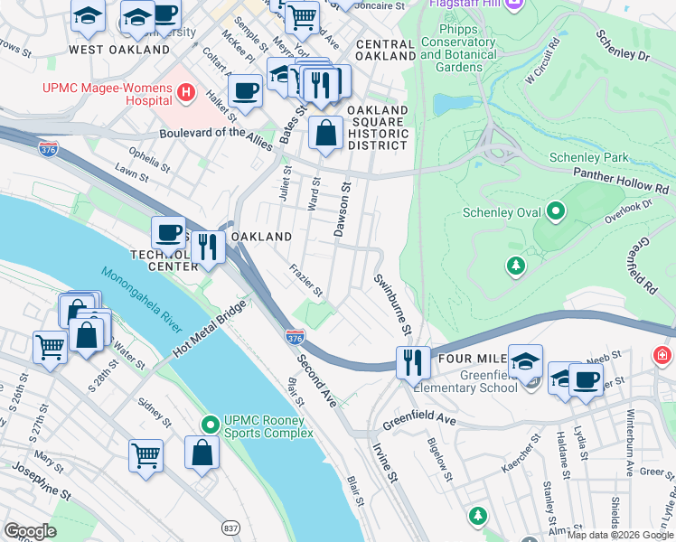 map of restaurants, bars, coffee shops, grocery stores, and more near 3255 Parkview Avenue in Pittsburgh