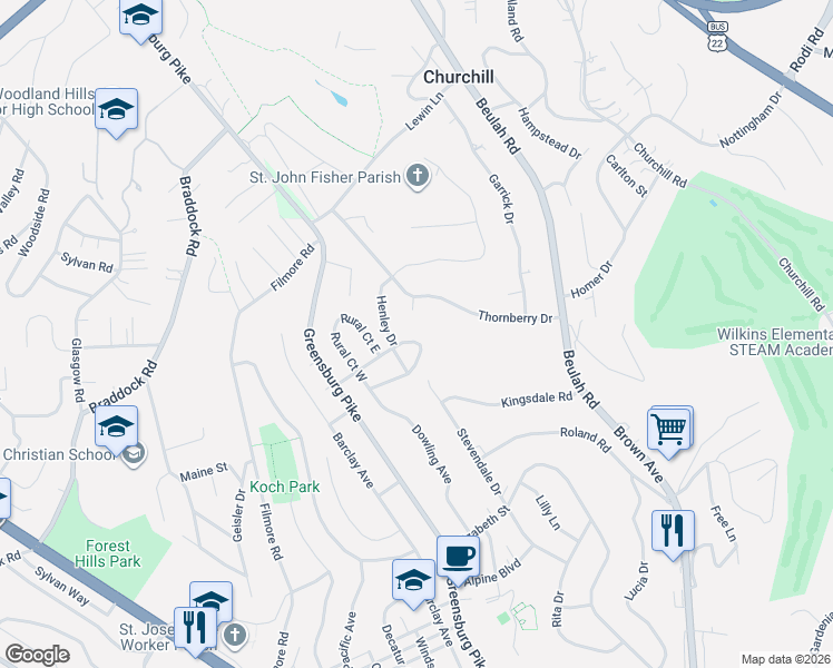 map of restaurants, bars, coffee shops, grocery stores, and more near 314 Surrey Place in Pittsburgh