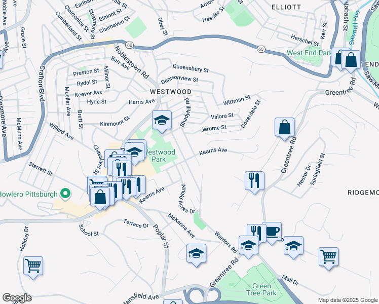map of restaurants, bars, coffee shops, grocery stores, and more near 1860 Elmdale Road in Pittsburgh
