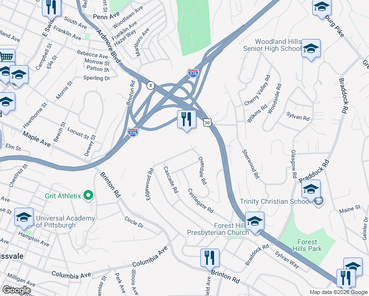 map of restaurants, bars, coffee shops, grocery stores, and more near 304 Edgewood Road in Pittsburgh