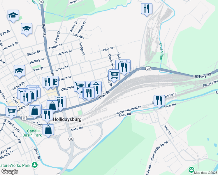 map of restaurants, bars, coffee shops, grocery stores, and more near 1211 Blair Street in Hollidaysburg