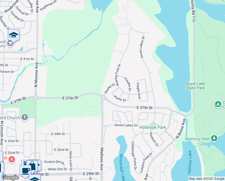 map of restaurants, bars, coffee shops, grocery stores, and more near 3763 Osier Place in Loveland