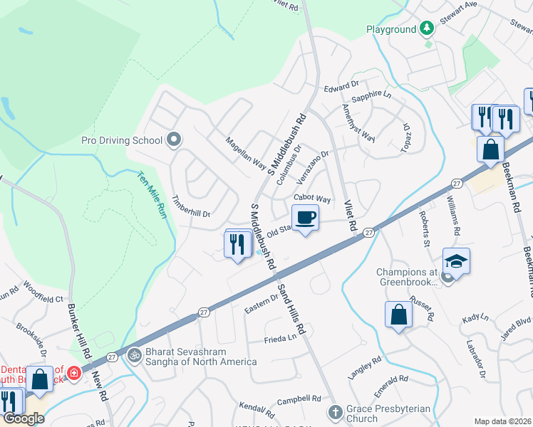 map of restaurants, bars, coffee shops, grocery stores, and more near 42 de Leon Circle in Franklin Township