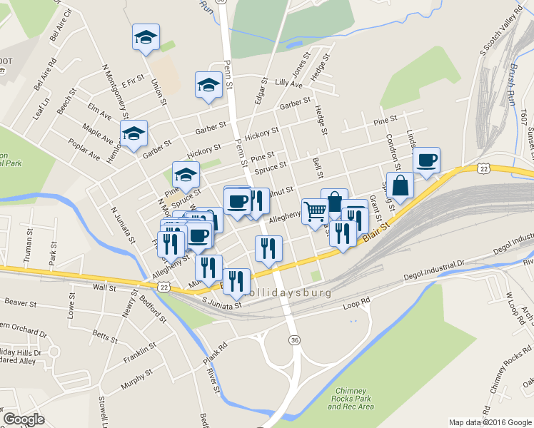 map of restaurants, bars, coffee shops, grocery stores, and more near 605 Allegheny St in Hollidaysburg