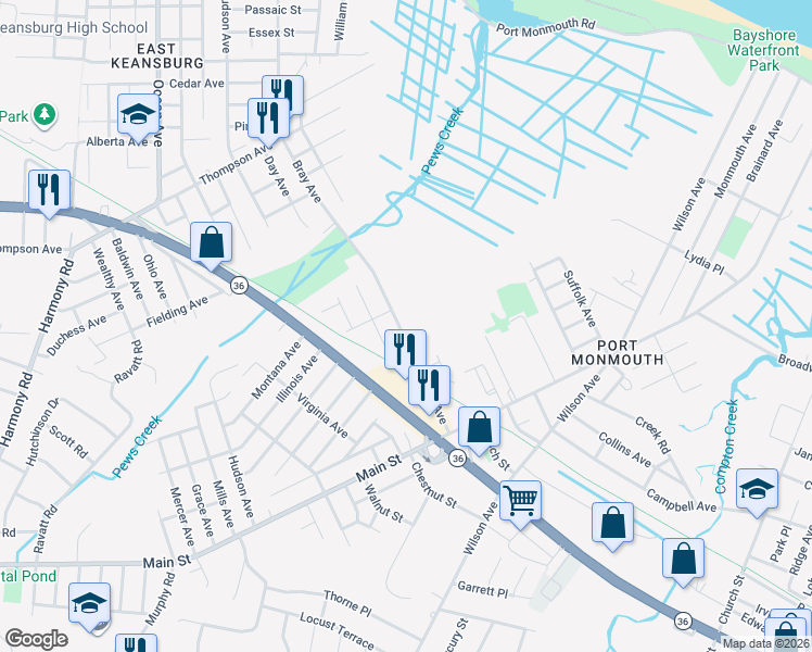 map of restaurants, bars, coffee shops, grocery stores, and more near 640 Bray Avenue in Middletown Township