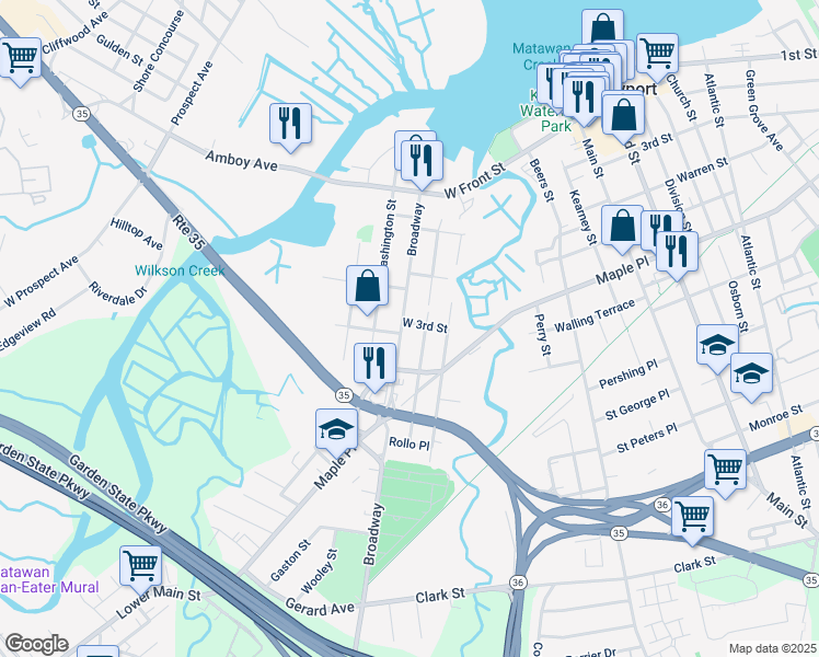 map of restaurants, bars, coffee shops, grocery stores, and more near 82 West 3rd Street in Keyport