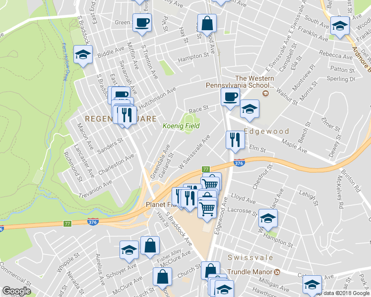 map of restaurants, bars, coffee shops, grocery stores, and more near 232 West Swissvale Avenue in Pittsburgh