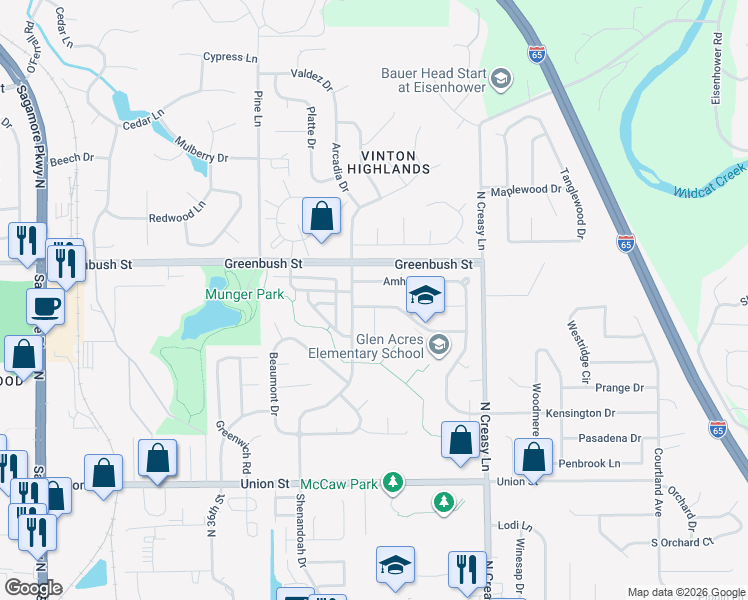 map of restaurants, bars, coffee shops, grocery stores, and more near 3712 Kimberly Drive in Lafayette