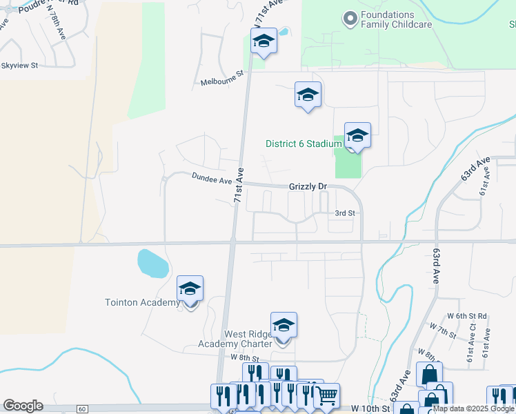 map of restaurants, bars, coffee shops, grocery stores, and more near 6911 West 3rd Street in Greeley