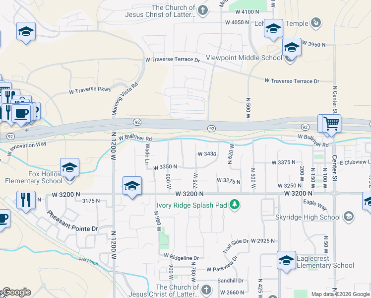 map of restaurants, bars, coffee shops, grocery stores, and more near 3430 North 850 West in Lehi