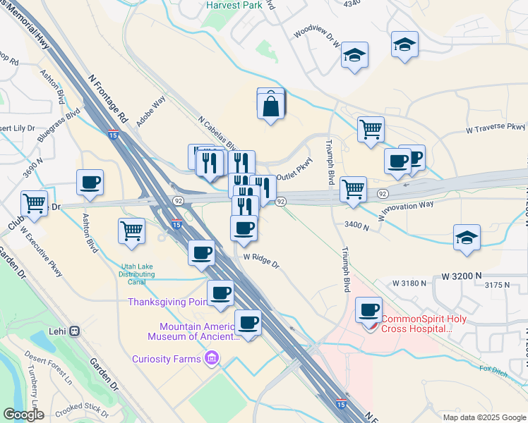 map of restaurants, bars, coffee shops, grocery stores, and more near 2190 Stockton Lane in Lehi