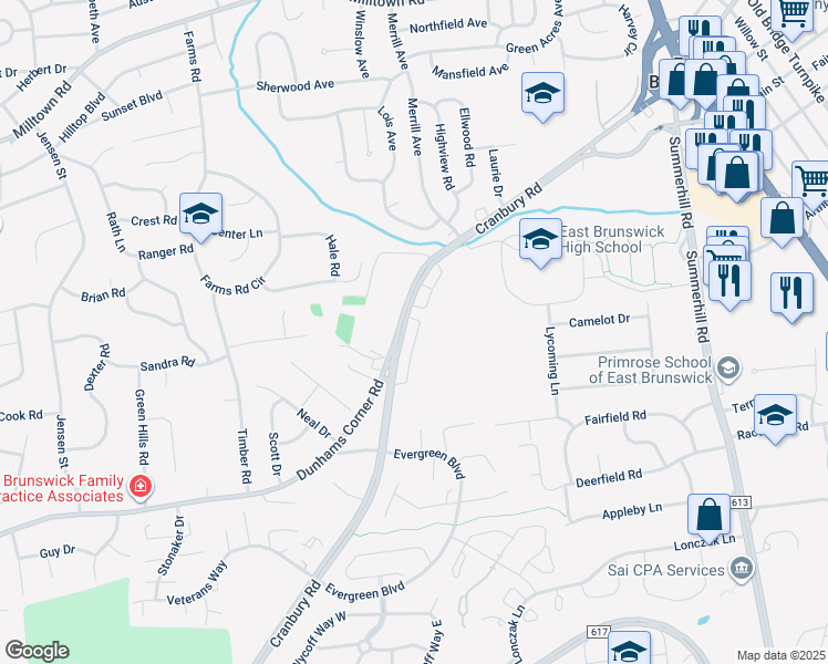 map of restaurants, bars, coffee shops, grocery stores, and more near 404 Cranbury Road in East Brunswick