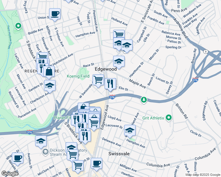 map of restaurants, bars, coffee shops, grocery stores, and more near 211 Edgewood Avenue in Pittsburgh