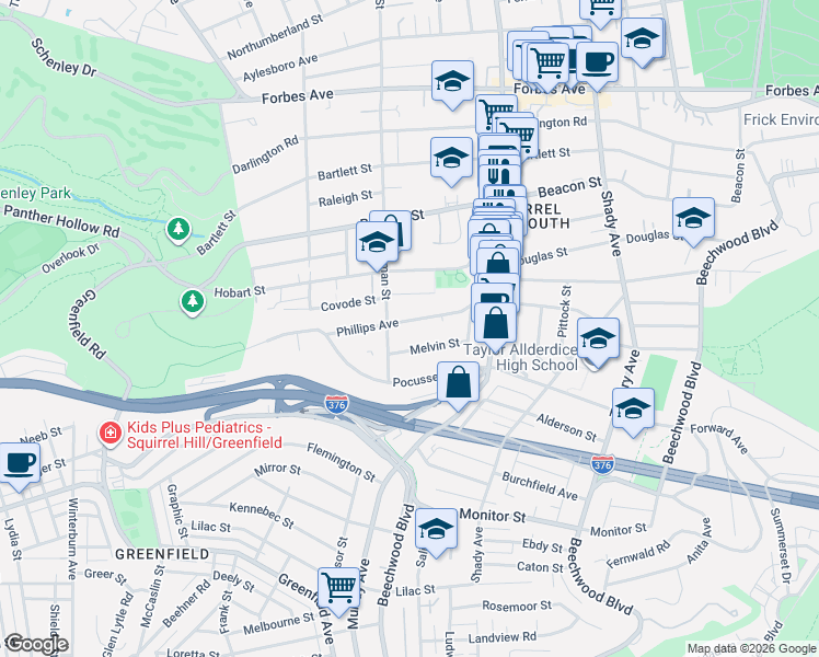map of restaurants, bars, coffee shops, grocery stores, and more near 5640 Phillips Avenue in Pittsburgh