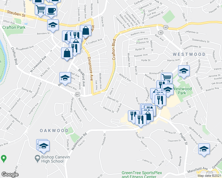 map of restaurants, bars, coffee shops, grocery stores, and more near 1672 Crafton Boulevard in Pittsburgh