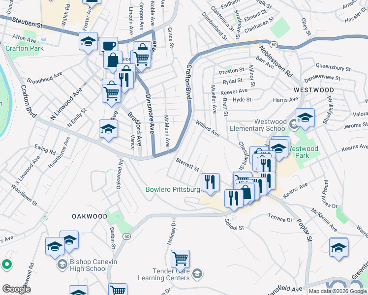 map of restaurants, bars, coffee shops, grocery stores, and more near 1672 Crafton Boulevard in Pittsburgh