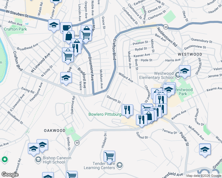 map of restaurants, bars, coffee shops, grocery stores, and more near 1672 Crafton Boulevard in Pittsburgh
