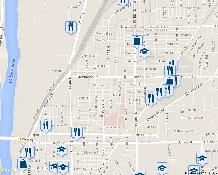 map of restaurants, bars, coffee shops, grocery stores, and more near 1328 North 15th Street in Lafayette