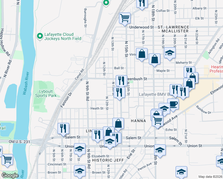 map of restaurants, bars, coffee shops, grocery stores, and more near in Lafayette