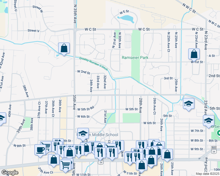 map of restaurants, bars, coffee shops, grocery stores, and more near 3115 West 3rd Street Road in Greeley