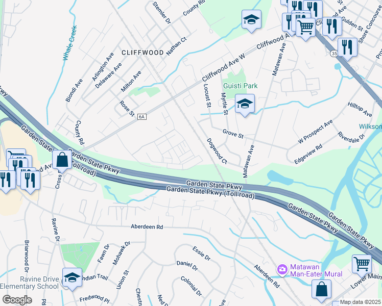 map of restaurants, bars, coffee shops, grocery stores, and more near 223 Glassworks Boulevard in Aberdeen Township