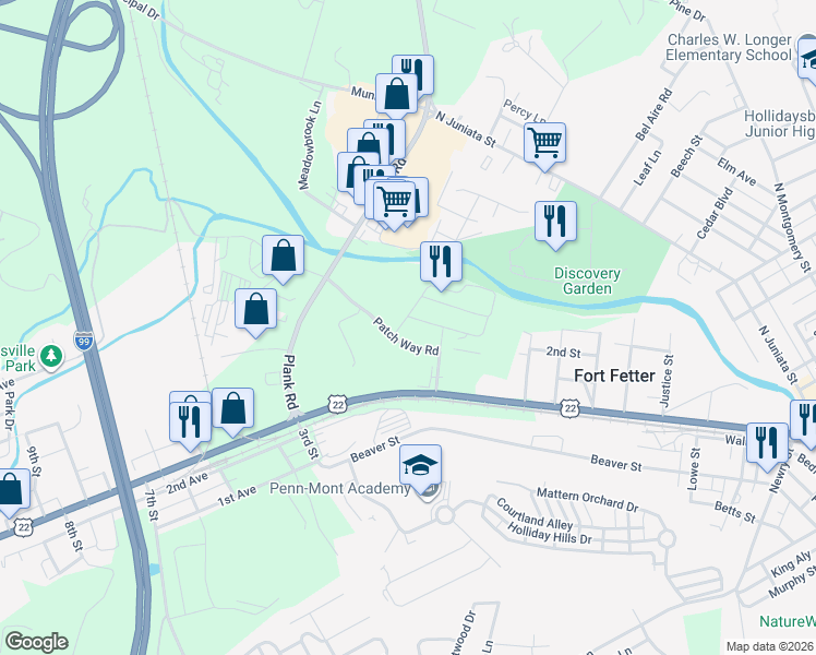 map of restaurants, bars, coffee shops, grocery stores, and more near 148-186 Patch Way Road in Hollidaysburg