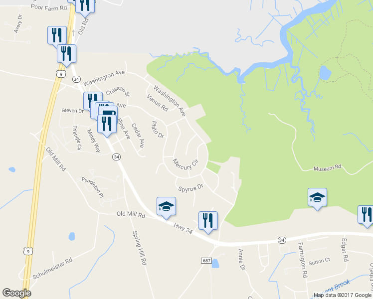 map of restaurants, bars, coffee shops, grocery stores, and more near 13 Jupiter Court in South Amboy