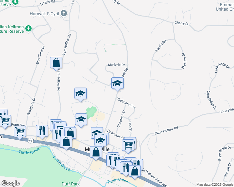 map of restaurants, bars, coffee shops, grocery stores, and more near 3240 School Road in Murrysville