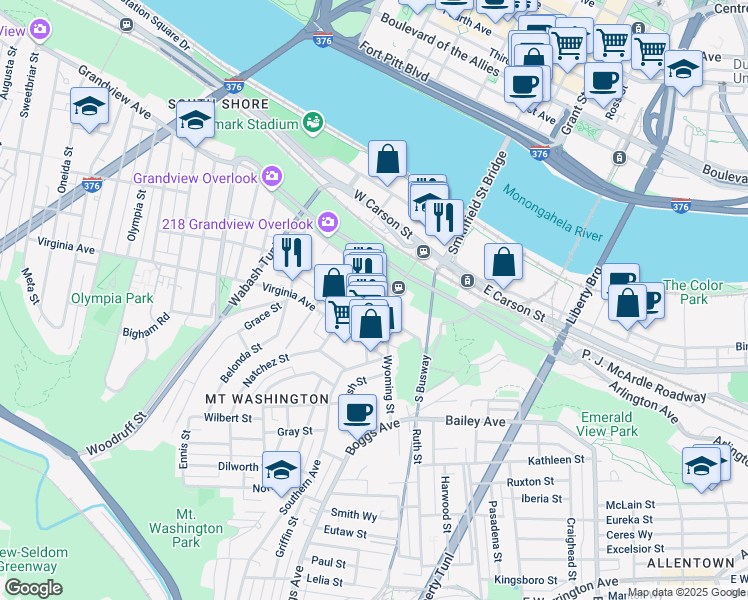 map of restaurants, bars, coffee shops, grocery stores, and more near 123 Shiloh Street in Pittsburgh