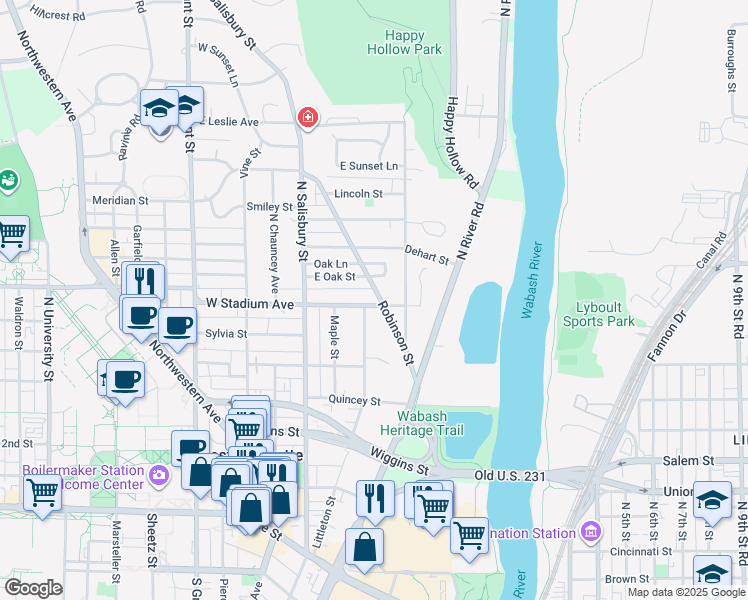 map of restaurants, bars, coffee shops, grocery stores, and more near 176 East Stadium Avenue in West Lafayette