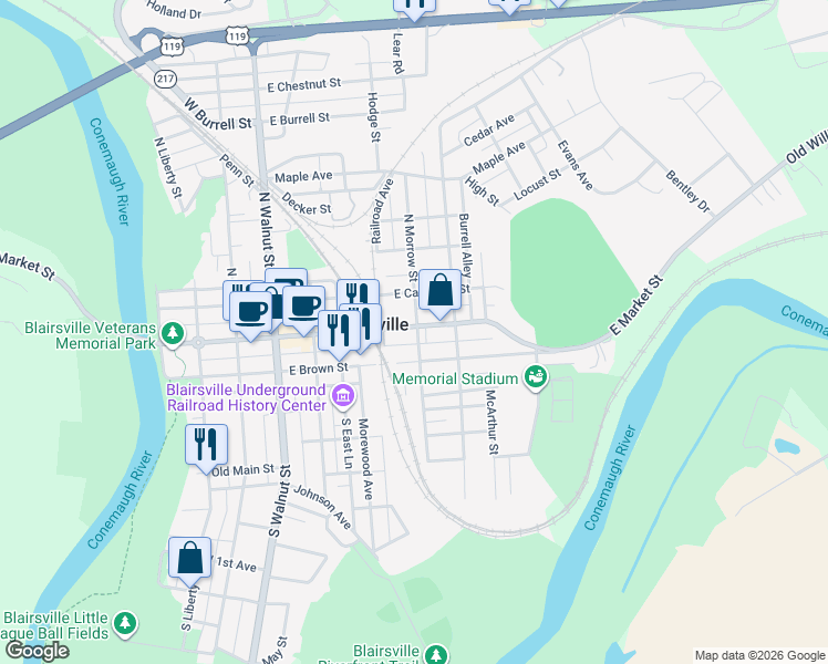map of restaurants, bars, coffee shops, grocery stores, and more near 15 South Morrow Street in Blairsville