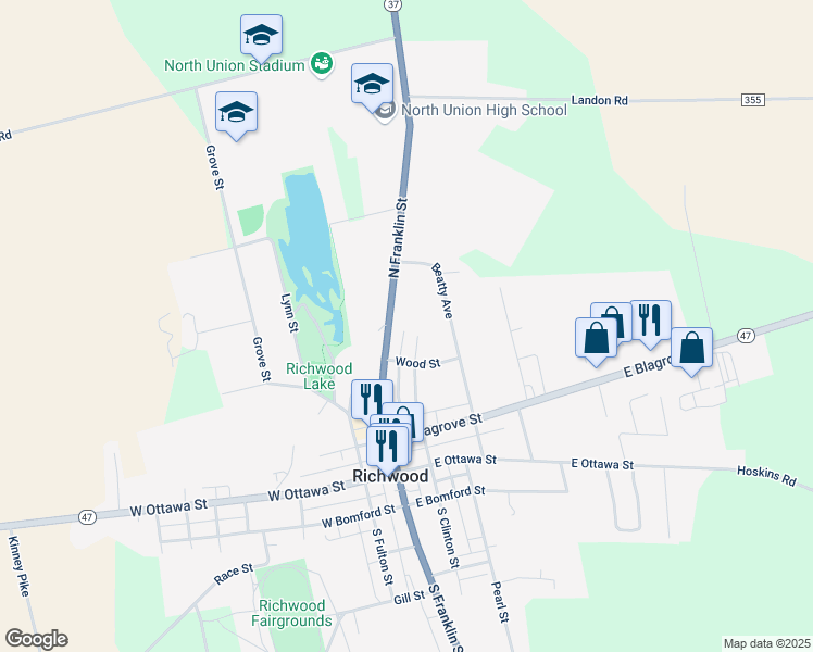 map of restaurants, bars, coffee shops, grocery stores, and more near 222 North Franklin Street in Richwood