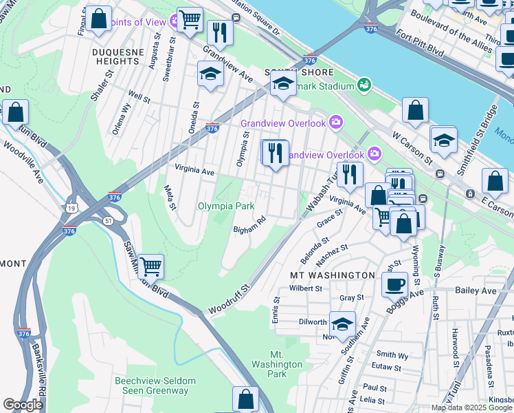 map of restaurants, bars, coffee shops, grocery stores, and more near 432 Bigham Street in Pittsburgh