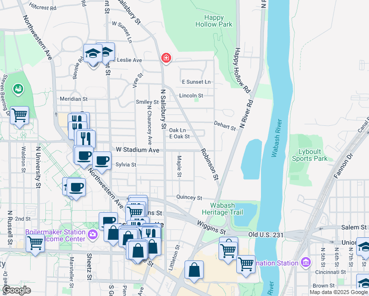 map of restaurants, bars, coffee shops, grocery stores, and more near 146 East Stadium Avenue in West Lafayette