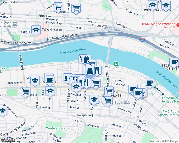 map of restaurants, bars, coffee shops, grocery stores, and more near 2021 Wharton Street in Pittsburgh