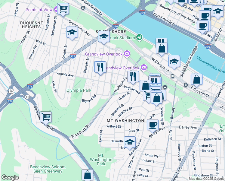 map of restaurants, bars, coffee shops, grocery stores, and more near 321 Merrimac Street in Pittsburgh