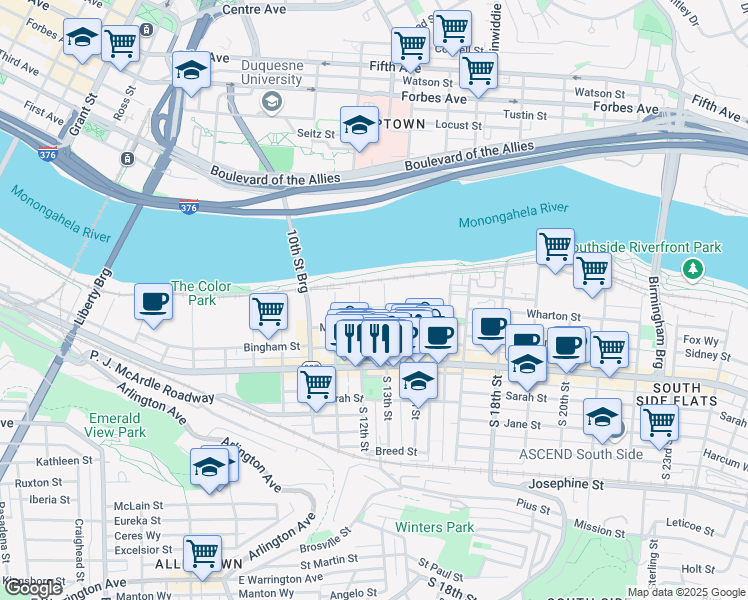 map of restaurants, bars, coffee shops, grocery stores, and more near 8 South 13th Street in Pittsburgh