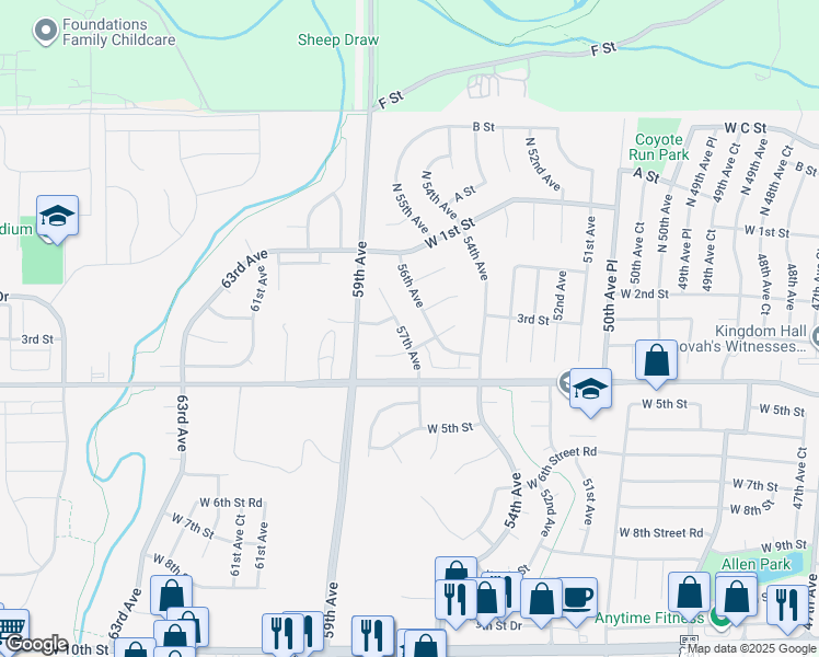 map of restaurants, bars, coffee shops, grocery stores, and more near 218 57th Avenue in Greeley